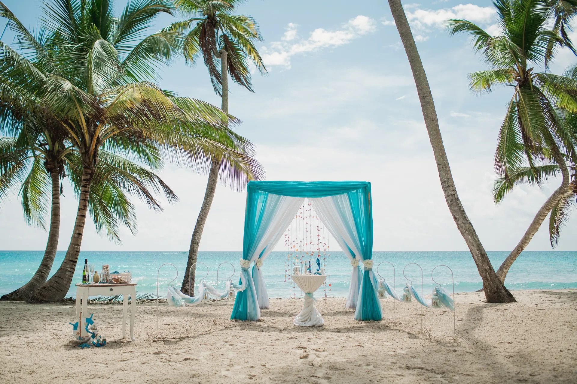 An intimate wedding ceremony setting on a palm-lined tropical beach