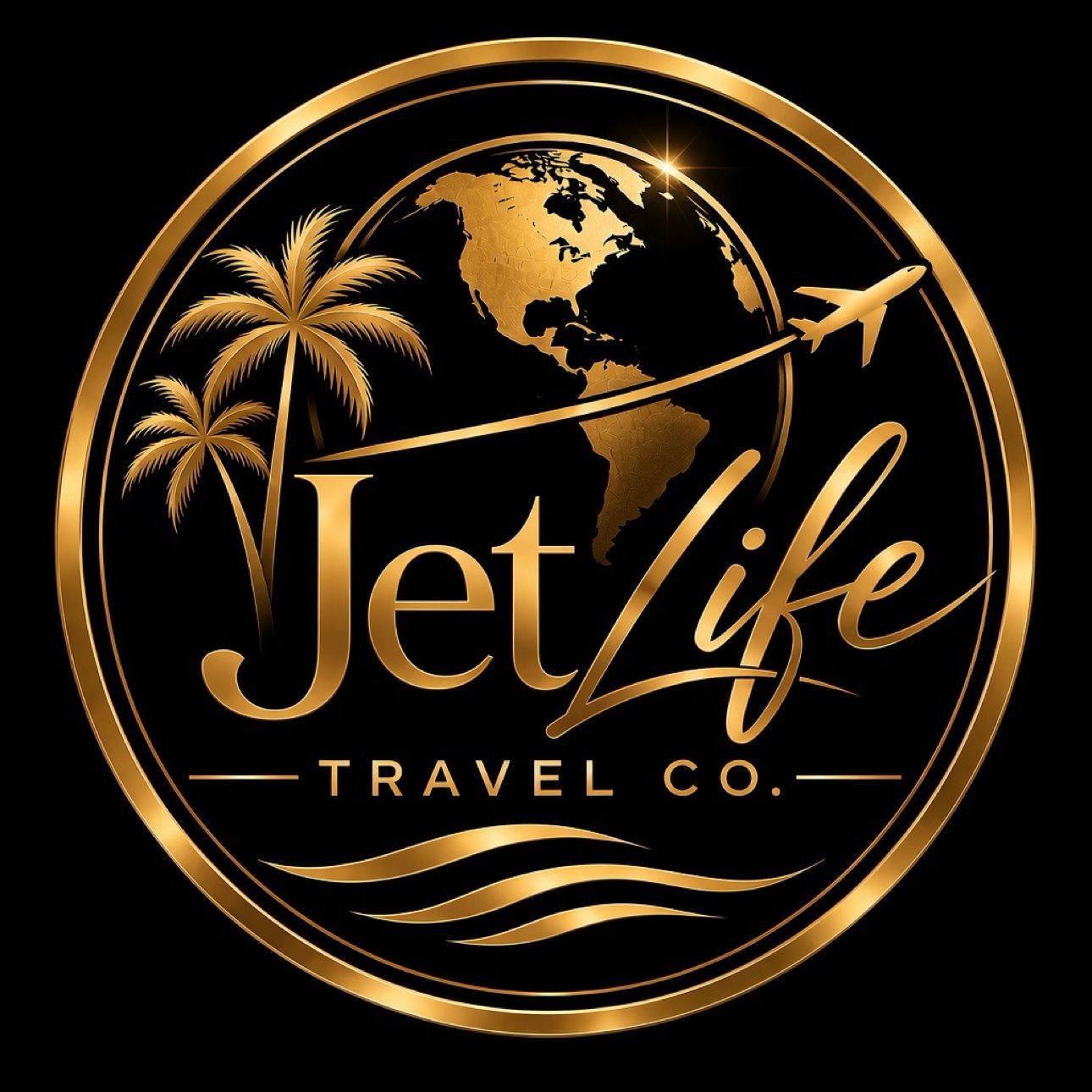 JetLife Travel Co. gold globe, palms, airplane, and wave emblem